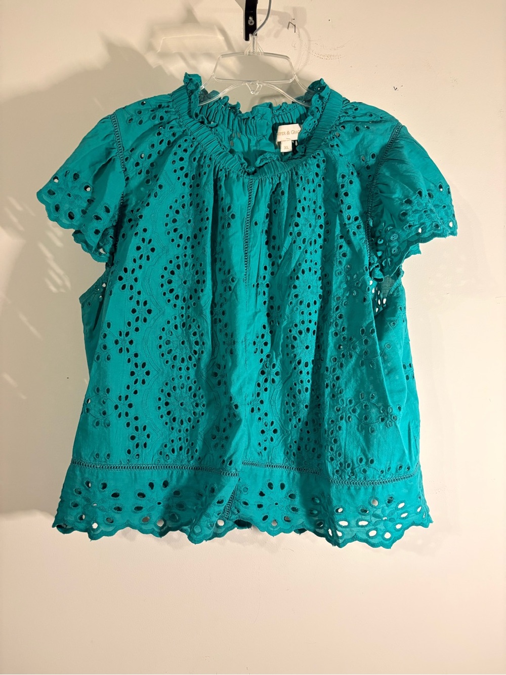 Eyelet Peasant Blouse in Teal by Jennifer & Grace